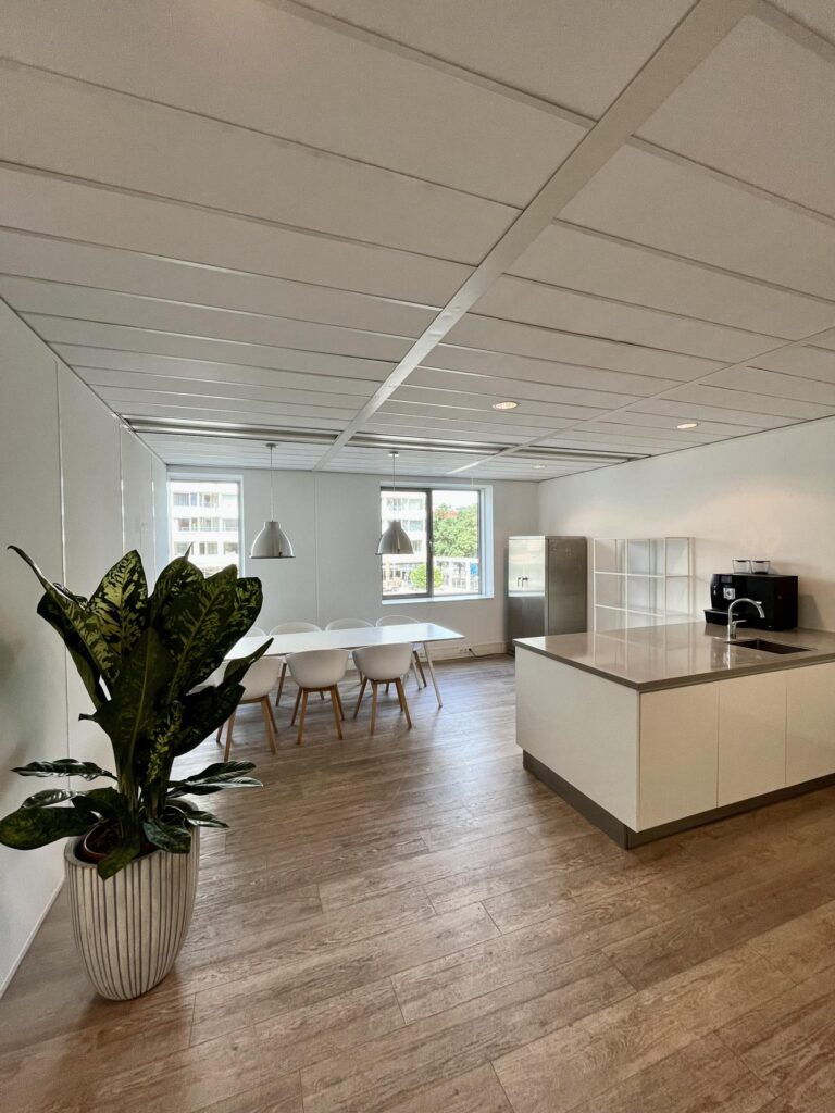 Modern open kitchen and dining area with white furniture and large windows at Koningin Wilhelminaplein.